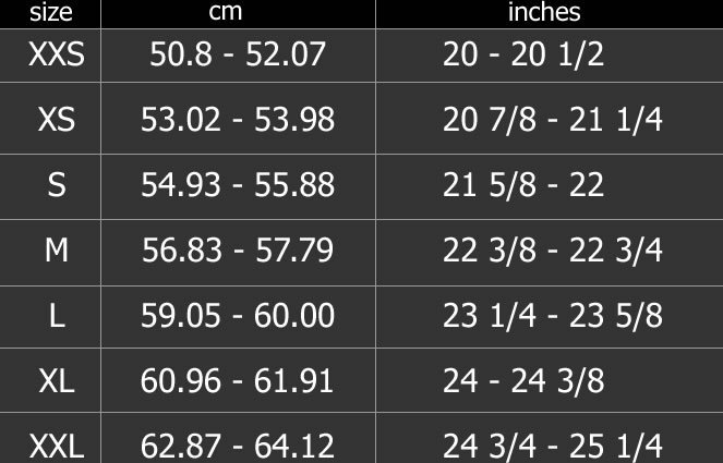 WSB Helmet Size Chart