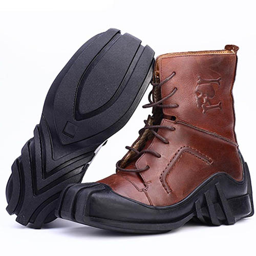 High Quality Leather Skull Biker Boots - Brown