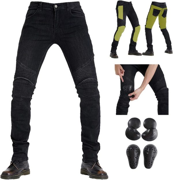 Biker Jeans for Men Motorcycle Riding Pants Reinforce with Aramid Protection Lining (L(32)=Waist 34.5", Black)