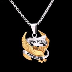 Bikers Live To Ride, Ride To Live Necklace, Eagle Pendant w/ Stainless Steel 20 in Box Chain