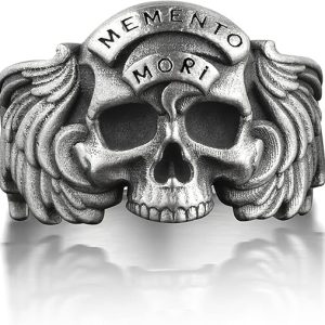 BySilverStone Jewelry Silver Ring Men - Memento Mori Mens Skull Ring in Silver, One Of A Kind Gothic Ring For Best Friend, Memento Mori Goth Jewelry For Men, Biker Ring For Husband