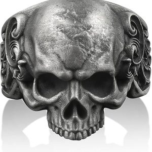 BySilverStone Jewelry - Skull and Leaves Skull Biker Ring, 925 Sterling Silver Gothic Jewelry, Wiccan Ring, Fantasy Ring, Friendship Ring, Witch Ring, Memorial Gift