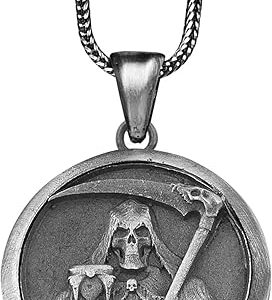 Death Medallion Sterling Silver, Handmade Mens Death Necklace, The Reaper Pendant, Father Time Necklace, 925 Silver Cool Biker Medallion (WITH 24 INCH CHAIN)