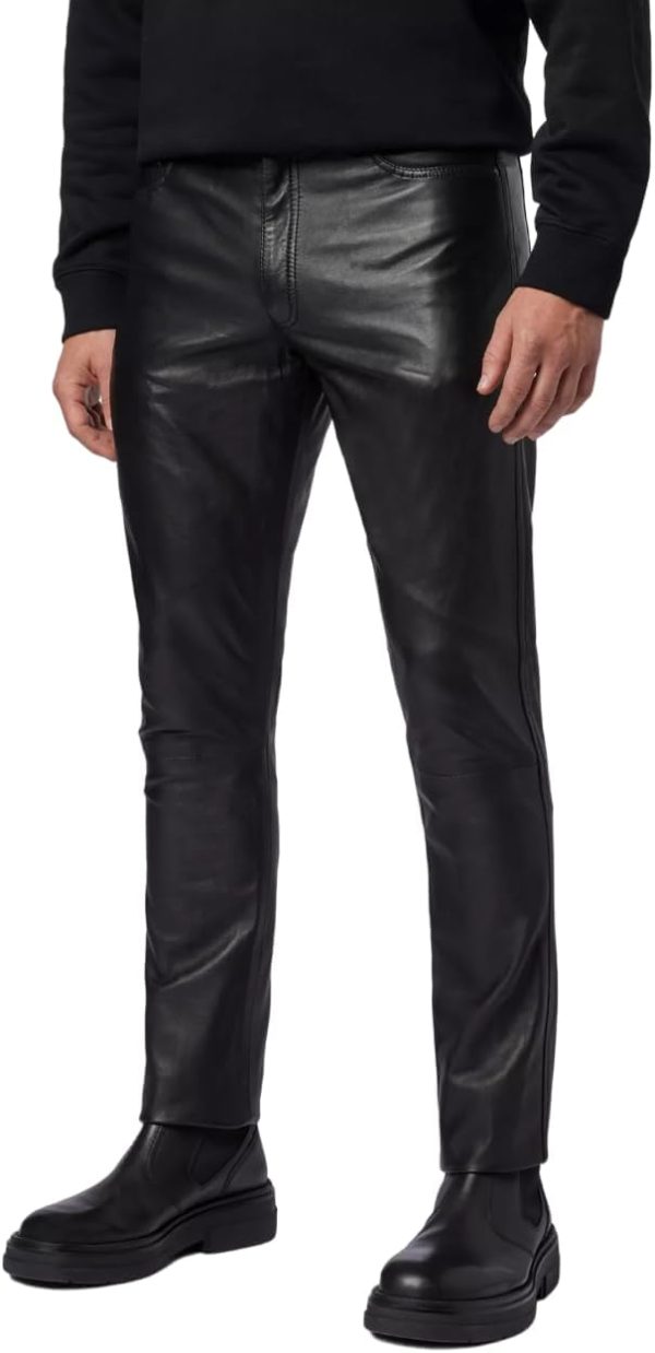 Genuine Leather Pants Men Motorcycle Biker 5 Pockets Pure Black Leather Jeans Style Trouser for Riding