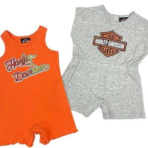 Harley-Davidson Baby Girls' 2-Piece Infant Sleeveless Romper Set, Gray/Orange