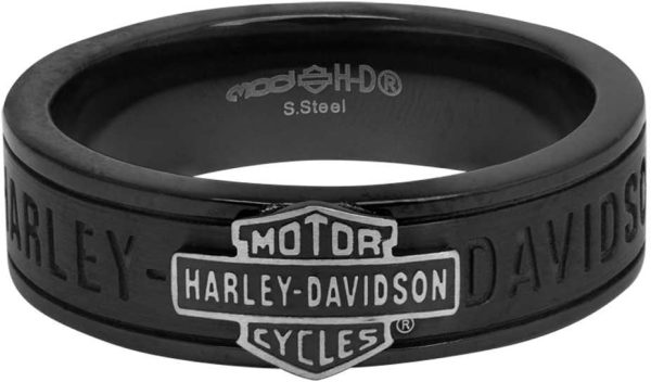 Harley-Davidson Men's Bar & Shield Off-Road Thin Band Ring, Black Steel HSR0050