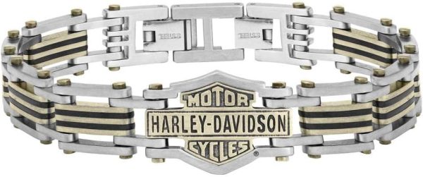 Harley-Davidson Men's Brass & Steel Bar & Shield Chain Bracelet, Black HSB0188