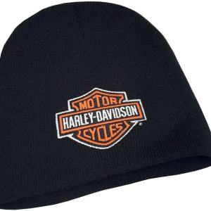 Harley-Davidson Mens Embroidered Bar & Shield Knit Beanie Cap, Black Hat