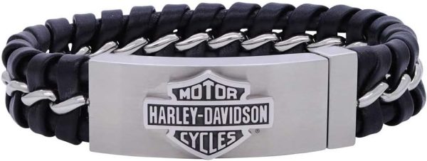 Harley-Davidson Men's Hidden Clasp Bar & Shield Bracelet, Black HSB0182