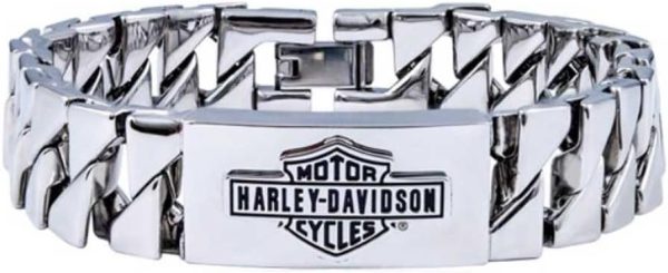 Harley-Davidson Men's Long Bar & Shield Steel ID Curb Link Bracelet HSB0142