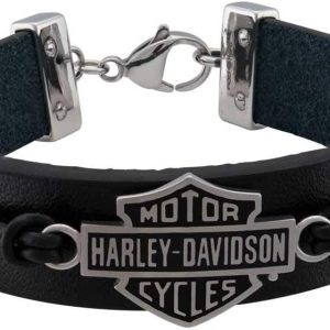 Harley-Davidson Men's Nut & Coil B&S Leather Bracelet - Stainless Steel, Black