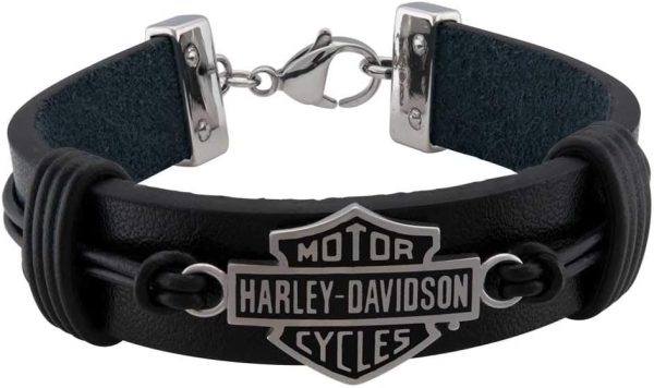 Harley-Davidson Men's Nut & Coil B&S Leather Bracelet - Stainless Steel, Black