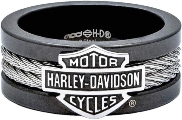 Harley-Davidson Men's Ring, Bar & Shield Steel Cable Band, Black HSR0021