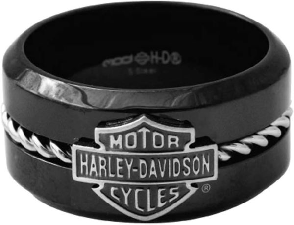 Harley-Davidson Men's Silver Wire B&S Band Ring, Black Stainless Steel HSR0070