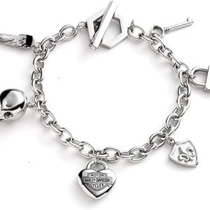 Harley-Davidson Women's 7.5 in. Logo & Motif Charm Toggle Bracelet - Silver