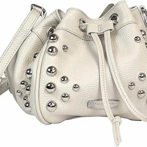 Harley-Davidson Women's Heavy Metal Leather Drawstring Crossbody Purse - Cream