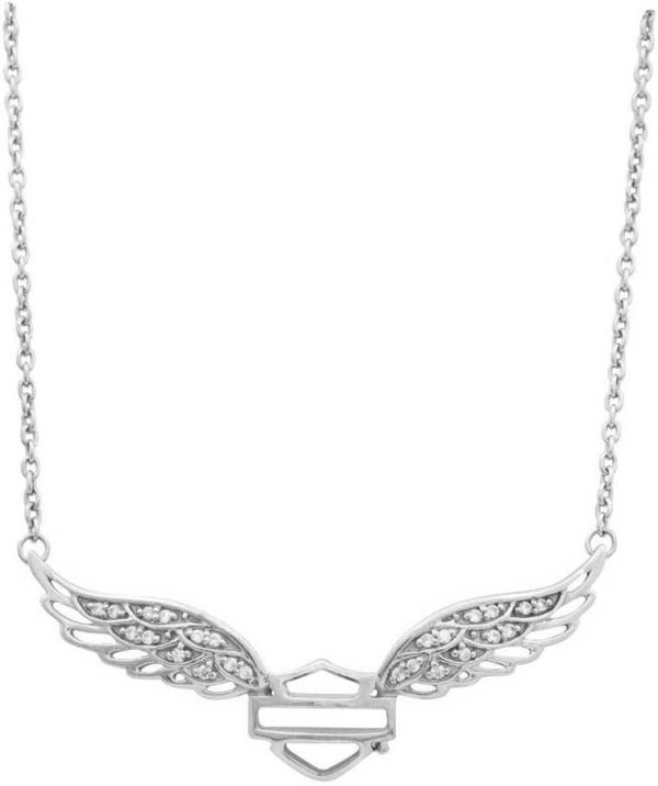 Harley-Davidson Womens Necklace, Bar & Shield Crystal Winged, Silver HDN0288