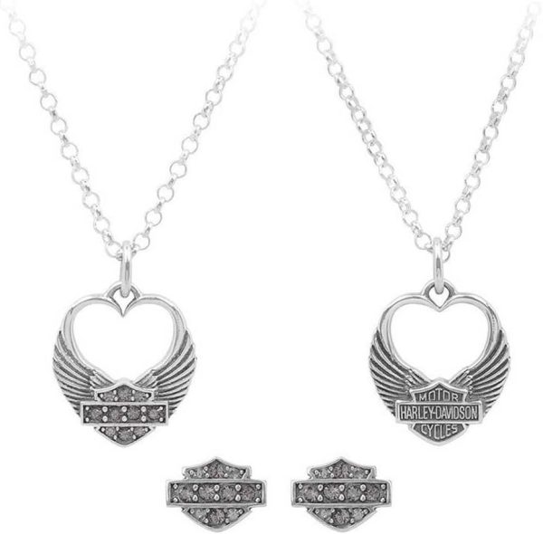 Harley-Davidson Womens Winged Heart Necklace & Earrings Gift Set, Silver HDS0004