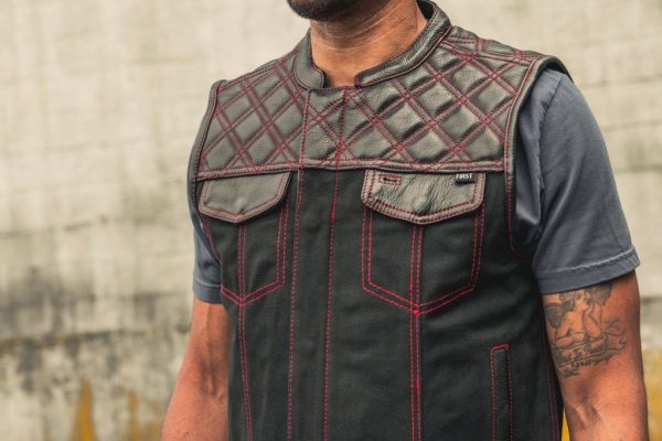 Hunt Club Motorcycle Leather Canvas Vest Black/Red