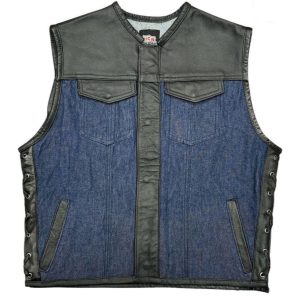 Legendary 'Blue Demo' Denim & Leather Cropped Side Braided Club Style Vest