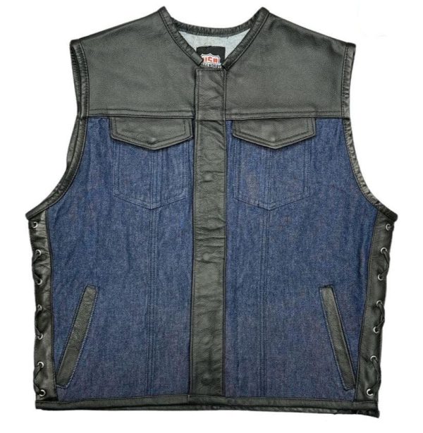 Legendary 'Blue Demo' Denim & Leather Cropped Side Braided Club Style Vest