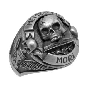 Masonic Skull over Book Memento Mori Mens Biker Ring, Sterling Silver 925 Custom Made