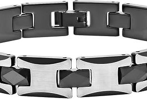 Men's 8.5-inch Two-Tone Tungsten Diamond Cut H-Link Bracelet, Black and Gray, Fold Over Clasp