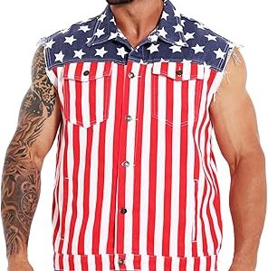 Men's American Flag Denim Vest Casual Retro Lapel Sleeveless Jean Jacket Shirt Loose Fit Biker Vest