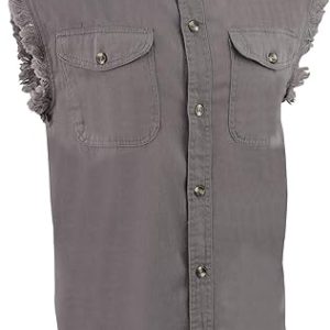 Mens Biker Riding Grey Cotton Cut Off Half Sleeveless Shirt with Frayed Sleeves