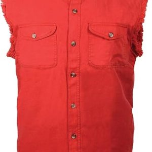 Mens Biker Riding Red Cotton Cut Off Half Sleeveless Shirt with Frayed Sleeves