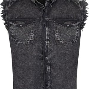 Mens Blk & Blk/White Cotton Stonewash Sleeveless Cut Off Denim Shirt Frayed Sleeves