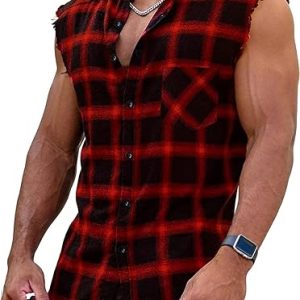 Men's Sleeveless Flannel Shirt - Plaid Design for Summer Wear Casual Button-Down Vest Shirts