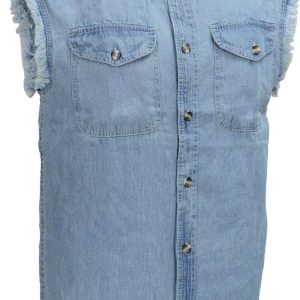 Milwaukee Leather DM1001 Men's Blue Lightweight Denim Shirt with with Frayed Cut Off Sleeveless Look