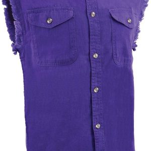 Milwaukee Leather DM1006 Men's Purple Lightweight Denim Shirt with with Frayed Cut Off Sleeveless Look - X-Large