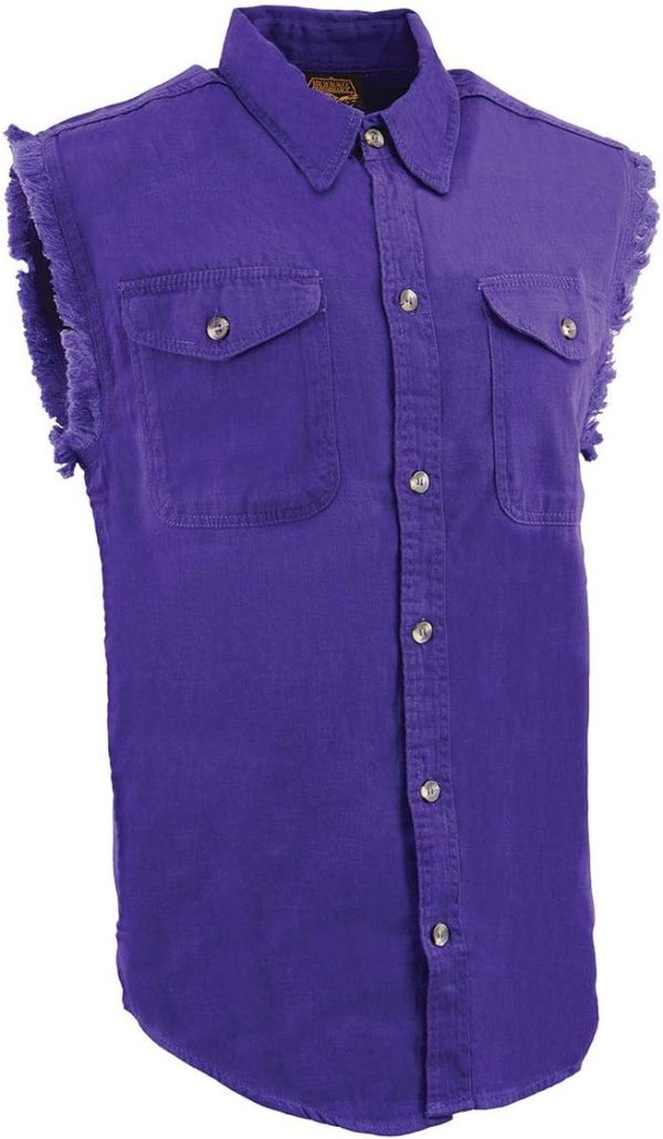 Milwaukee Leather DM1006 Men's Purple Lightweight Denim Shirt with with Frayed Cut Off Sleeveless Look - X-Large