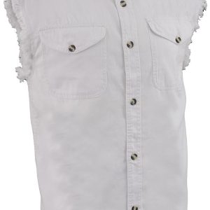 Milwaukee Leather DM4006 Men's White Denim Lightweight Shirt with Sleeveless Frayed Cut Off