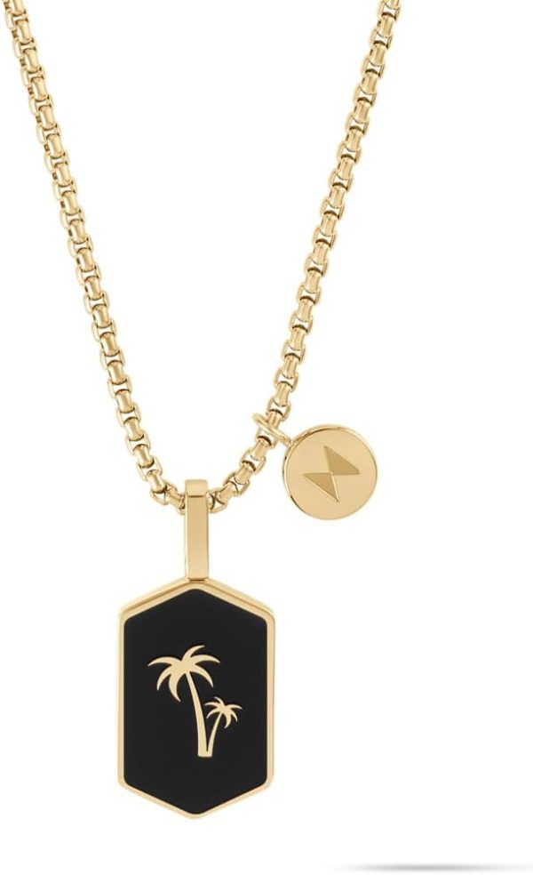 MVMT Men's Jewelry - Fashion Accessory - Ionic Plated Steel Men's Palm Tree Pendant Necklace - Gold Plated/Black