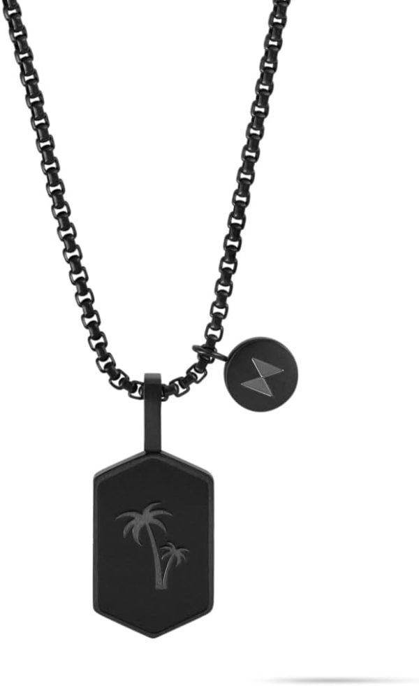 MVMT Men's Jewelry - Fashion Accessory - Ionic Plated Steel Men's Palm Tree Pendant Necklace - Black/Silver