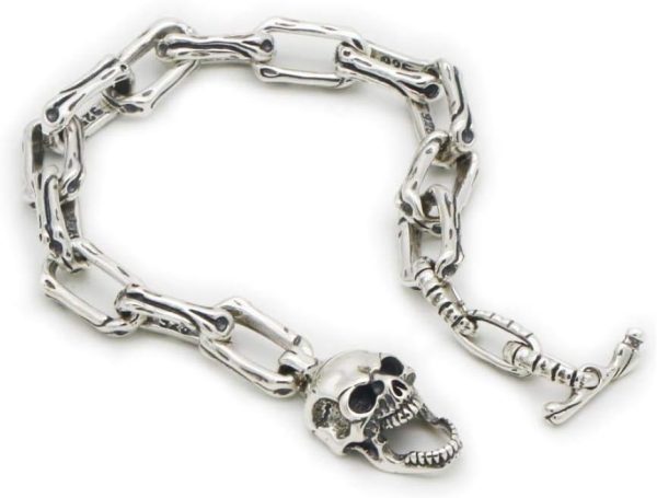 Real 925 Sterling Silver Bracelet Link Skull Bone Clasp Long Loop