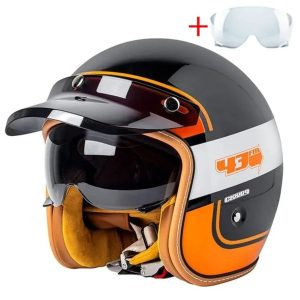 Retro Motorcycle Open Helmet - Black/White/Orange / M