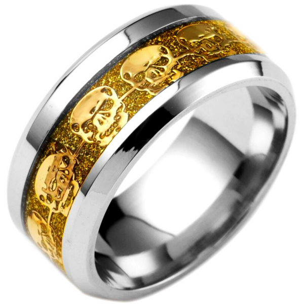 Skull Band Ring Stainless Steel, 0.3 in/8 mm, w/ Yellow Gold Color Skulls Eternity Inlay, Silver/Gold