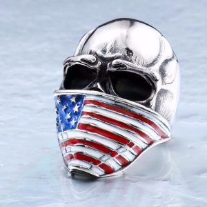 Stainless Steel Men's American Flag Skull Ring, Silver Color