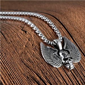 Stainless Steel Winged Skull Pendant Necklace, Silver Color