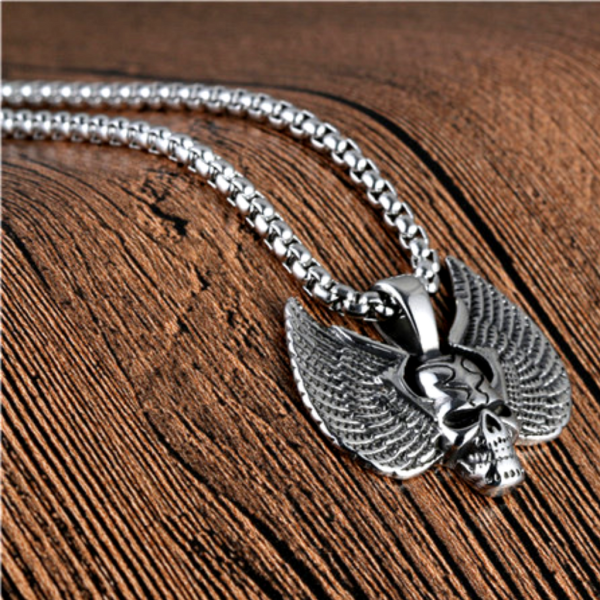 Stainless Steel Winged Skull Pendant Necklace, Silver Color