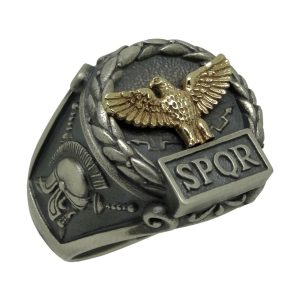 Sterling Silver and Yellow Solid Gold 10K Custom Made Roman Empire Eagle SPQR Skull Biker Mens Ring