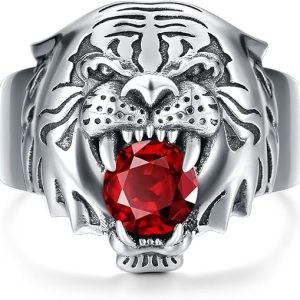 Tiger Head Ring for Men Sterling Silver Ruby Ring Vintage Gothic Biker Roaring Lion Head Animal Rings Punk Lion Jewelry Gift for Men