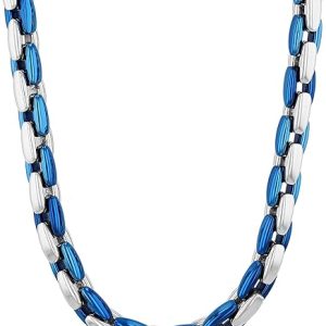 Two-Tone Stainless Steel 6.3mm Link Chain Necklace w/Polished Blue Finish, 24”