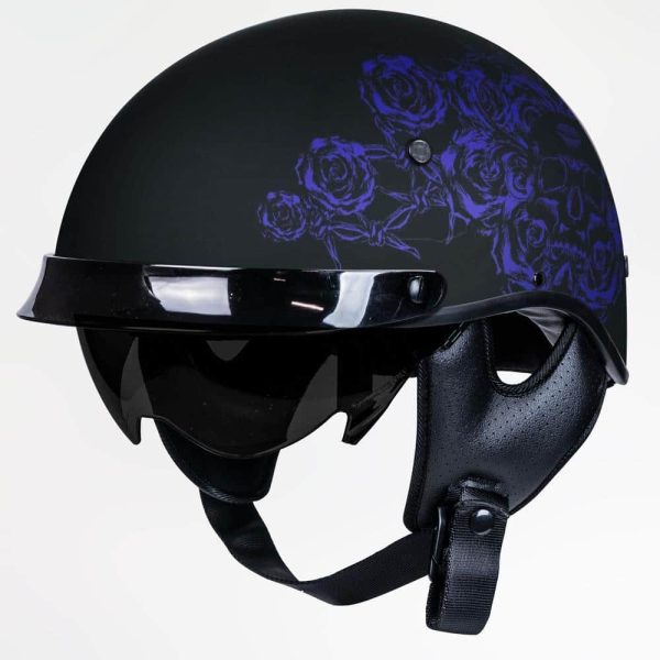 Voss 707Frp Black Skull And Rose Half Helmet With Peak