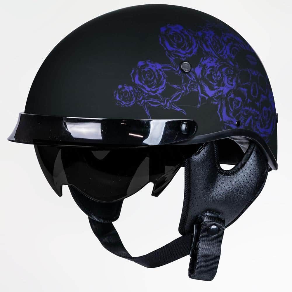 Voss 707Frp Black Skull And Rose Half Helmet With Peak - The Voss 707Frp Black Skull And Rose Half Helmet With Peak - The