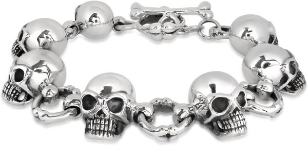 WithLoveSilver 925 Sterling Silver Biker Gothic Skull Head Bone Bracelet, 8 Inches